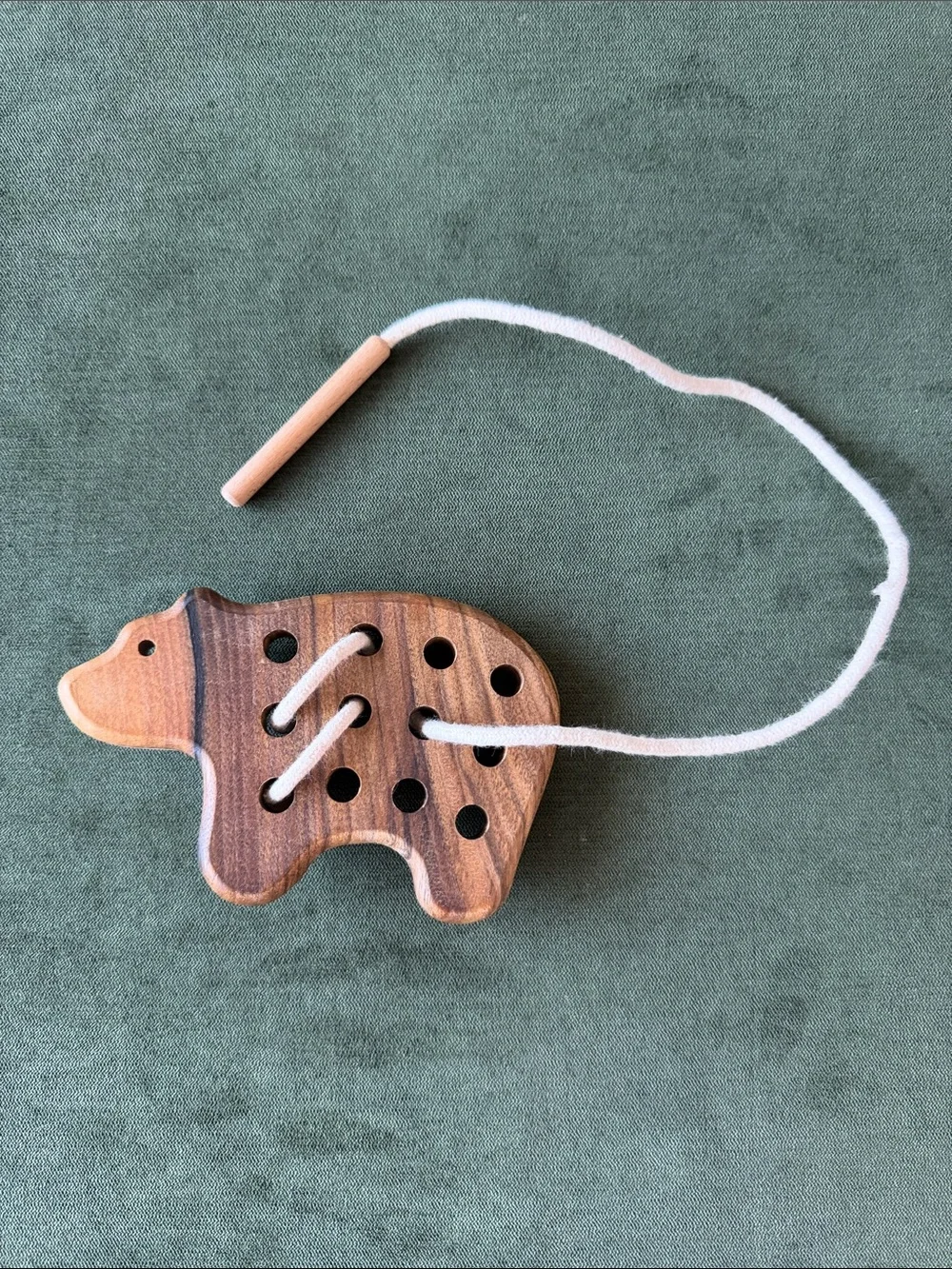 Handmade Wooden Bear Lacing Toy with White Lace
